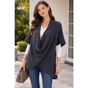 Anthropologie Womens Relaxed Fit Gray Wool Blend Criss-Cross Pancho Sweater OS